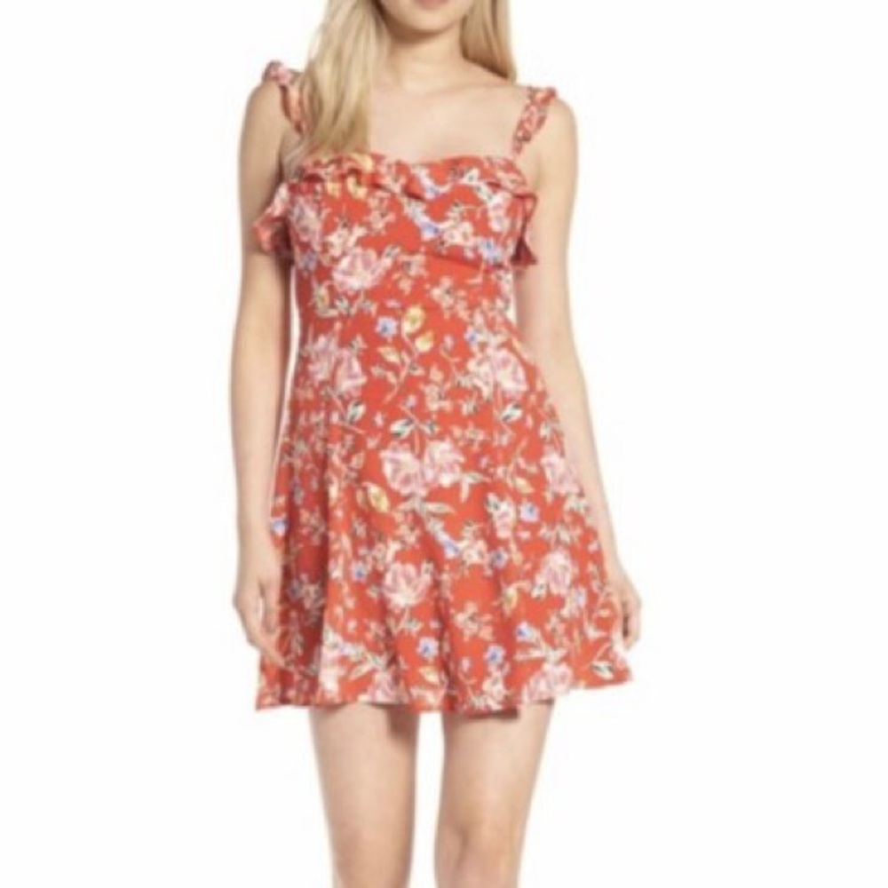 ASTR the Label Floral Mini Dress Red Ruffled Cront Size XS